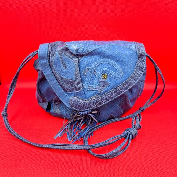 Nas Handbags - Vintage Nas Bag Blue Patchwork Leather Shoulder Bag 80's Boho Fringe Cloth Lined